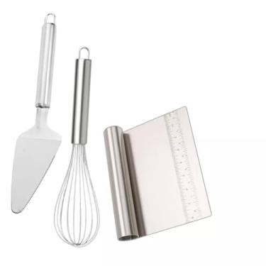 Imagem de Kit Confeiteiro 3 Peças: Fouet Inox + Espátula Bolo + Raspador Cortador de Massa Cozinha