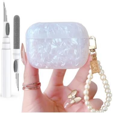 Imagem de Olytop Capa para Airpods Pro 3 com glitter fofo 2025 com caneta limpa, padrão de concha Apple Airpod iPod Pro 3ª geração, capa protetora para meninas e mulheres com chaveiro pérola de luxo, branco