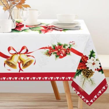 Imagem de INFUNLY Toalha de mesa de flores de Natal, toalha de mesa dourada com fita de poliéster azevinho, retângulo, toalha de mesa, 152 x 232 cm, capa de mesa com estampa floral para Natal, jantares