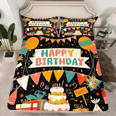 Imagem de Feelyou Jogo de lençol solteiro com tema de bolo de aniversário para crianças, meninos e meninas, caixa de presente, lençol com elástico alto (sem lençol superior)