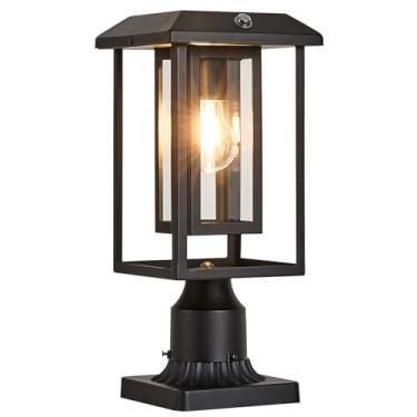 Imagem de SCNYCUL Luzes de poste de lâmpada solar para ambientes externos com base de montagem em cais, cabeça de poste do crepúsculo ao amanhecer com à prova d'água, luminária externa movida a energia solar