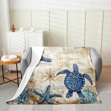 Imagem de Cobertor de lã de tartaruga marinha, estrela do mar, bússola coral, cobertor de pelúcia para crianças, adolescentes, decoração de quarto adorável, mapa retrô, cobertor de flanela de aventura do oceano