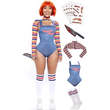 Imagem de 【5 tamanhos】Fantasia de Halloween Chucky para mulheres que querem brincar bolero top macacão meias até o joelho tatuagem cicatriz faca adereço - tamanho GG