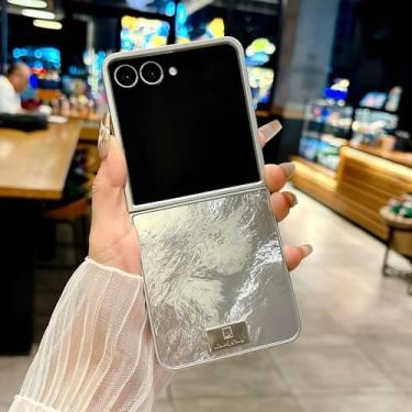 Imagem de Capa para Galaxy Z Flip6 de luxo com borda prateada e fio de penas (para Galaxy Z Flip6/B)