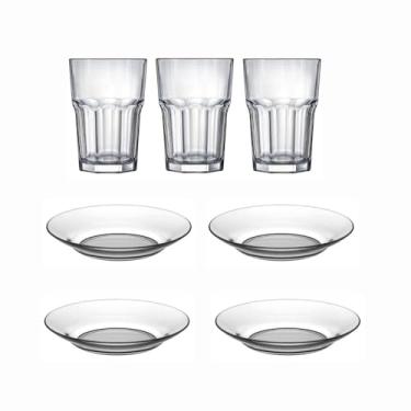 Imagem de Kit Copos e Pratos de Vidro – 3 Copos Casa Blanca 350ml + 4 Pratos Fundos Milly 22cm, Conjunto de Vidro Transparente Resistente