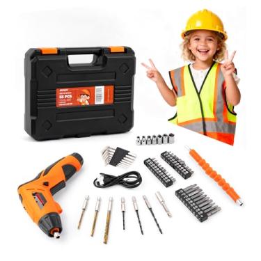 Imagem de Difflife Conjunto de ferramentas para crianças, caixa de ferramentas de mão real, kit de ferramentas de chave de fenda elétrica de 55 peças para meninos, meninas, construção e marcenaria, conjunto de