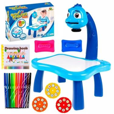 Imagem de Mesa Projetora Dino Infantil Art Brink – Lousa Mágica Interativa com Luz, Som e Desenhos Educativos | Brinquedo Criativo com Canetinhas e Discos de Imagens (Azul)