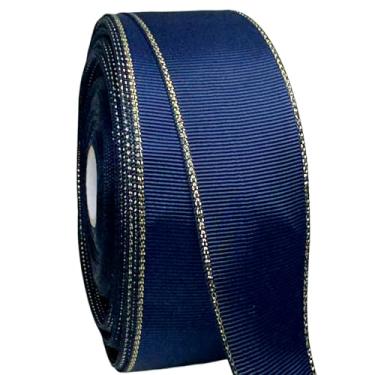 Imagem de AEVORA Fita de gorgorão de 3,8 cm com bordas douradas, fita de tecido de 20 metros para artesanato, decoração de casamento, laços de cabelo, lembrancinha de festa, arranjos de flores (azul marinho 370