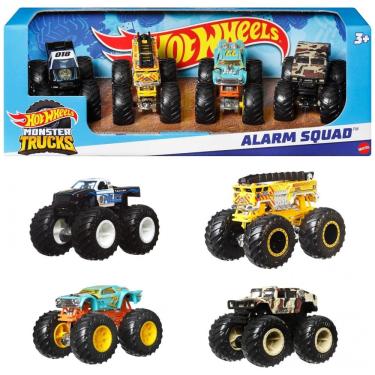 Imagem de Brinquedo Hot Wheels Monster Trucks, Conjunto de 4 Mini Monster Trucks em Escala 1:64, Rodas Gigantes e Designs Incríveis, 4Pack Alarm Squad