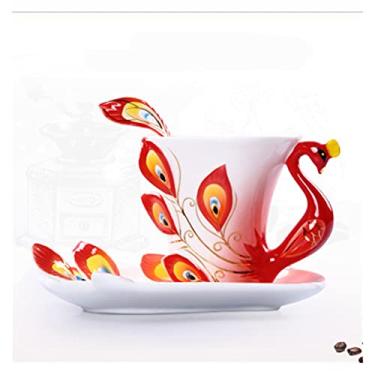 Imagem de GRFIT Caneca Criativa 3D Feita à Mão Porcelana Esmaltada Pavão Conjunto de Xícara de Café com Pires e Colher Copo de Água de Cerâmica Presentes Novidade (230ml) Caneca de Café (Cor: Rojo, Tamanho