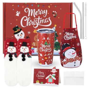Imagem de Presentes de Natal para mulheres, presentes de Natal exclusivos de 2025, cestas de presente de Natal com copos de 590 ml, avental de meias, presente de Natal para mãe, professores, irmã amiga, colega