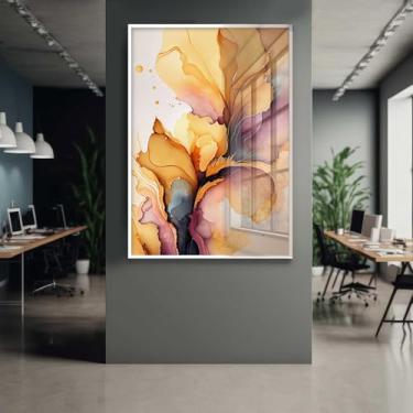 Imagem de Quadro Decorativo com Moldura e Acrilico Cristal Vidro Abstrato Mármore Moderno Tom Quente Sala Quarto Hall
