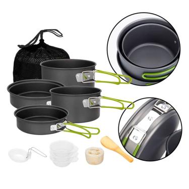 Imagem de Conjunto de panelas camping pesca 10 peças em alumínio leve e resistente, com alças em ABS, fácil transporte e acessórios completos