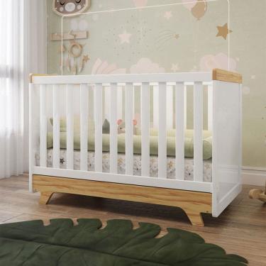 Imagem de Berço Americano 2 em 1 Retrô 100% Mdf Branco Brilho/Amêndoa - Móveis Peroba