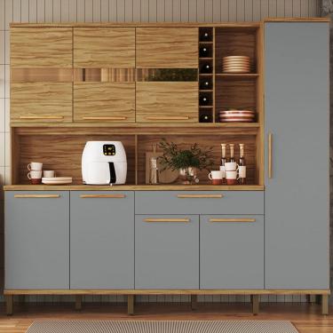 Imagem de Cozinha Compacta Touriga 8 Portas 1 Gaveta 100% Mdf com Vidro Amêndoa/Cinza - Rio Doce