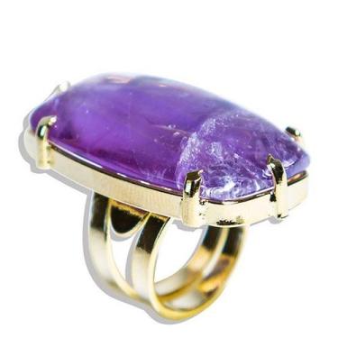 Imagem de Anel de Pedra Ametista Retangular Cabochão Dourado com Aro Ajustável -
