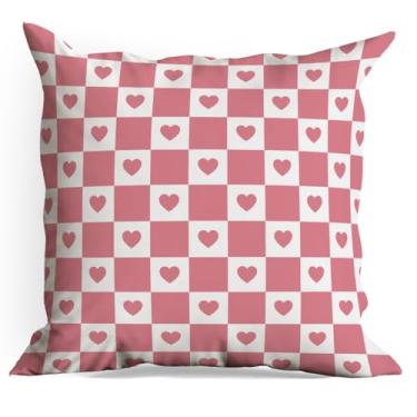 Imagem de Capas de almofada xadrez de coração retrô, 18 x 18, capas de almofada quadriculadas para sala de estar, casa de fazenda, quarto, sofá, cama, decoração de assento de carro, almofadas estéticas, fronhas