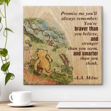 Imagem de Ursinho Pooh, decoração de parede Remember You're Braver Than You Believe, citação pintura em tela, quadro emoldurado, impressão em tela, arte pronta para pendurar para berçário doméstico (20 x 20 cm)