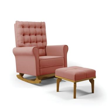 Imagem de Poltrona De Amamentação Com Balanço E Puff Manu Veludo Rosê Ta120 Base De Madeira - D'rossi