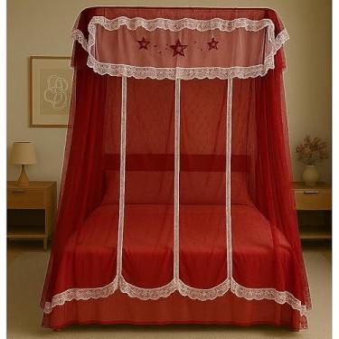Imagem de Mosquiteiro Casal/Queen Peruano com Armação Luxo – Completo com Estrutura Metálica, Renda Volta ao Mundo, Estilo Palácio, Anti-Mosquito e Decorativo(vermelho,Queem)