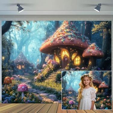Imagem de Pano de fundo de floresta encantada, casa de cogumelo, conto de fadas, mundo de aventura mágica, fotografia, banner, festa de aniversário, decoração de eventos, adereços de cabine de fotos
