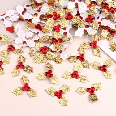 Imagem de Lauthen.S 100 mini bagas de azevinho triplas, folhas de baga de Natal mini enfeites de azevinho para decoração de mesa de presente de guirlanda de Natal (3,3 cm, ouro)