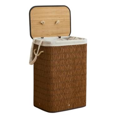 Imagem de Cesto de lavanderia com tampa, cesto de roupa suja de 72 litros com 2 sacos de forro removíveis, cesto de roupas de vime sintético, organização de lavanderia para quarto, banheiro, lavanderia, marrom