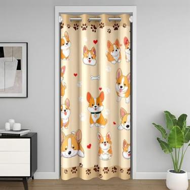 Imagem de Manfei Corgi Kawaii Corgi Cortina de porta com estampa de pata de cachorro, animal de estimação, para porta de armário, para amantes de cães, bege drapeado para privacidade do quarto, 1 painel 203 x