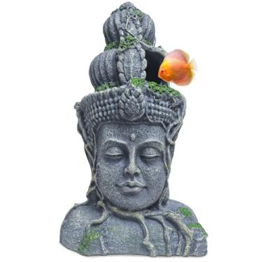 Imagem de Hamiledyi Estátua de cabeça de Buda, decorações de aquário, esconderijo de peixe de resina, caverna betta para grandes ornamentos de aquários de peixes Betta, descanso de dormir, esconder raça de