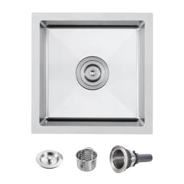 Imagem de POPFLY Pia de barra de montagem inferior de 38 × 38 cm, pia de preparação de barra úmida de aço inoxidável, calibre 18, feita à mão, 15 cm de profundidade, pia pequena para trailer, níquel escovado