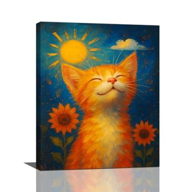 Imagem de Linda arte de parede de gato laranja pintura a óleo girassol decoração de parede bonito gatinho sorridente imagens impressão em tela decorações emolduradas presentes para amantes de gatos quarto de