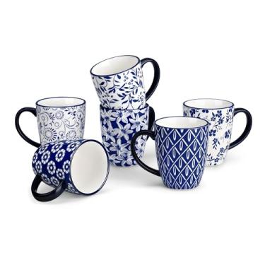 Imagem de vancasso Conjunto de 6 canecas de café SELENE de porcelana de 340 g com alça, xícara de chá de cerâmica para cappuccino, latte, chá, cacau, lava-louças e micro-ondas, conjuntos de presente, azul