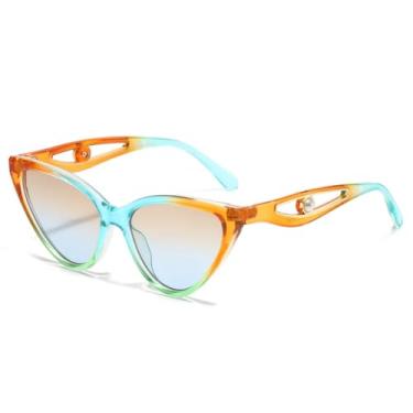 Imagem de HCHES Óculos de Sol Femininos com Armação Grande, Decoração com Pérolas, Proteção UV400, Patchwork Colorido (Azul Chá)