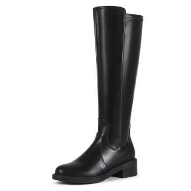 Imagem de Bapolee Botas femininas de salto baixo bico redondo cano alto botas de couro sintético com zíper lateral preto botas rasteiras, Preto, 37