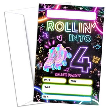 Imagem de Convites de festa de aniversário de 4ª patinação, 20 peças de convites de festa de skate com envelopes, convites de aniversário para meninos e meninas, suprimentos de festa de 4º aniversário (10 x 15