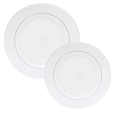 Imagem de Jogo De 12 Pratos Aparelho Jantar Borda Prata Branco Mônaco - Wolff