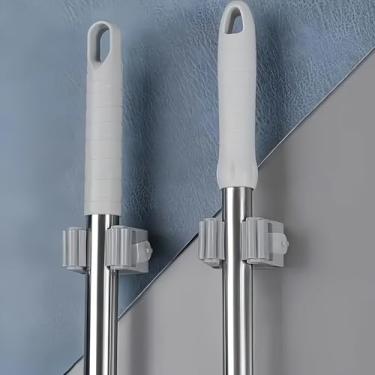 Imagem de 2 peças de suporte antiderrapante para esfregão – clipe de parede sem perfuração de fácil instalação para vassouras e ganchos utilitários - cinza