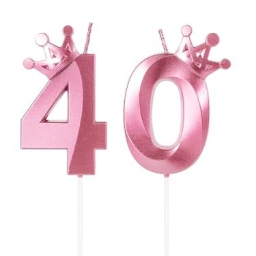 Imagem de Velas de aniversário rosa número 40, topo de bolo feliz de 40 anos, vela com número de coroa 3D, vela de aniversário de 40 anos, decoração de aniversário, decoração de bolo rosa