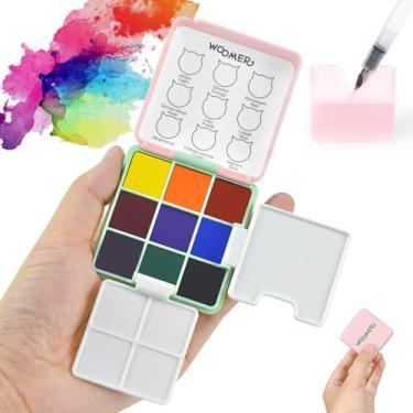 Imagem de Woomer Conjunto de tinta aquarela de 9 cores, bolso perfeito para viagem, conjunto de aquarela com 2 paletas de aquarela dobráveis para artistas, amadores amadores e amantes de pintura