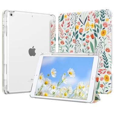 Imagem de MoKo Capa protetora inteligente para iPad 9ª/8ª/7ª geração, 2021/2020/2019 de 2021/2020/2019, fina e leve com três dobras para iPad 10.2 com capa traseira transparente de policarbonato rígido, flores
