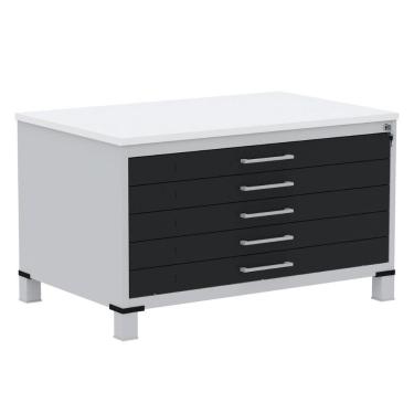 Imagem de Mapoteca 5 Gavetas Pandin 120 Cm (larg) Inmetro Tampo Mdp Branco Estrutura Aço Cinza Gavetas Pretas