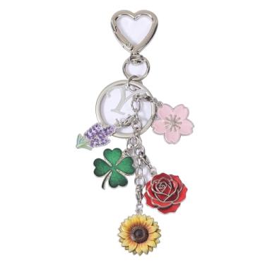 Imagem de SENFAI Chaveiro de flor com anel de coração, chaveiro com pingente de flor, porta-chaves fofos, chaveiro com letra inicial para bolsa, mochila (Y)