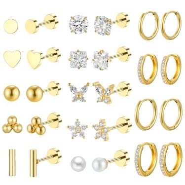 Imagem de Brincos hipoalergênicos com costas planas para mulheres e homens, brincos de aço cirúrgico para orelhas sensíveis, ouro 14K, pequenos brincos de argola de aço inoxidável, conjunto de brincos de