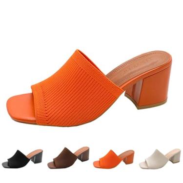 Imagem de OXNEUHG Sandália feminina de malha peep toe salto grosso, moderno, bico aberto, sem cadarço, salto bloco, mules, verão, casual, respirável, sandália deslizante, Laranja, 36