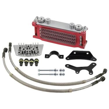 Imagem de Generic Radiador de alumínio para motor 50-110 Cc, refrigerador de óleo universal com suportes de montagem e mangueiras para quadriciclos, motocicletas e macacos, design de malha vermelha, dissipação