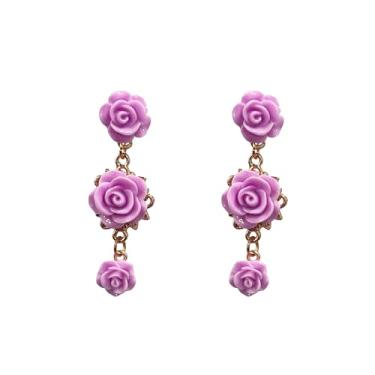 Imagem de YUNXI Brincos femininos com pingente de flor de rosa vermelha com borla longa, Large, Resina, Sem pedra preciosa