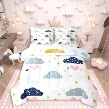 Imagem de Erosebridal Jogo de cama kawaii, tamanho casal, lua, estrelas, nuvem, coração, amor, 7 peças, desenho animado, arco-íris, para quarto de meninas e mulheres