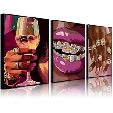 Imagem de 3 peças arte de parede em tela impressão moderna afro-americana moderna anel labial taça de vinho abstrato pôster em tela arte de parede contemporânea estilo galeria decoração para sala de estar