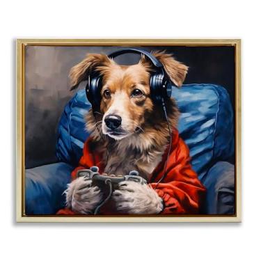 Imagem de Stupell Industries Arte de parede em tela flutuante dourada Game Master Dog, design de Shawna Stewart, 25 x 31