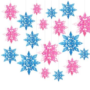 Imagem de 18 peças de decorações de Natal para pendurar em papel de floco de neve 3D azul e rosa com cordão para decoração de parede de casa no inverno, Natal, Ano Novo
